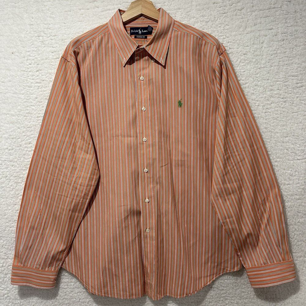 Ralph Lauren Classic Fit Orange Embroidered Logo Striped Button Up Shirt Sz XL